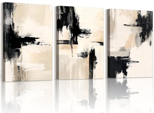 WENGTIAO 3Pcs Abstrakt Minimalistische Leinwand Bilder Gerahmte Kunstdrucke | Schwarz Beige Grau Tusche Malerei auf Leinwand Wohnzimmer Schlafzimmer Wanddeko 30x40cmx3