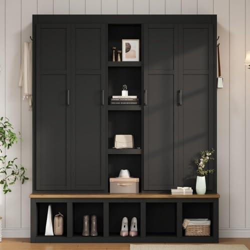 YJNKU 62.9''W Farmhouse Hall Tree with Bench and Shoe Storage, 4-in-1 Entryway Organizer with Hooks, Cabinets and Open Compartments, Mudroom Coat Rack with Seating for Living Room, Hallway, Black