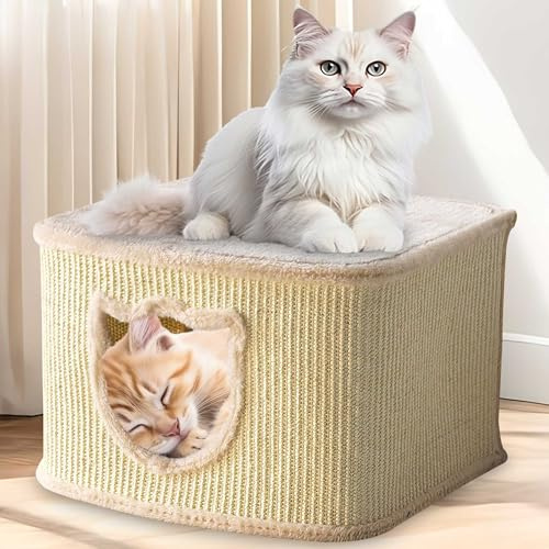 zooprinz Katzenhaus beige mit Sisal-Wänden und Plüsch | Katzenkorb und Katzenhöhle mit Spielball, Katzenbox und Katzenkiste im skandinavischen Look