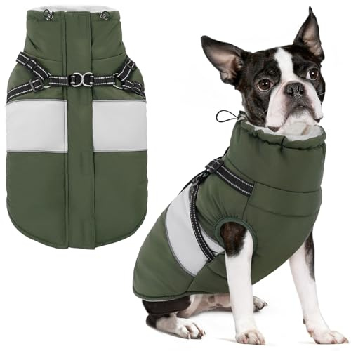 AOFITEE Hundejacke Mittelgroße Hunde, Winter Wasserdicht Hundejacke Hundemantel mit Geschirr, Warmer Wintermantel Reflektierend Winter Outdoor Hundebekleidung für Dackel, Boston Terrier, Grün M