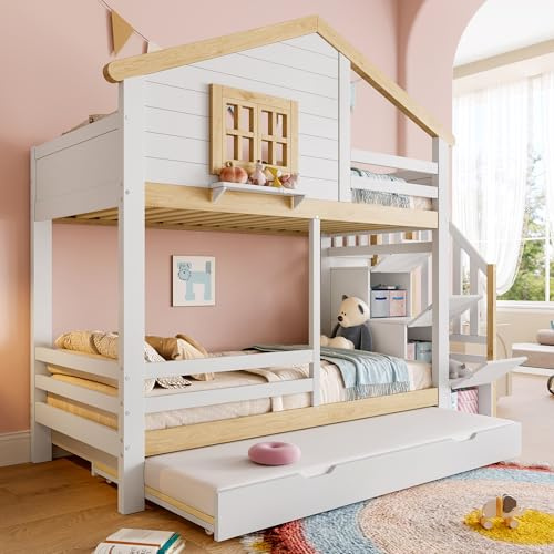 Kebnor Letto a castello, 90 x 200 cm, letto estraibile, scaletta portaoggetti, finestra, listello, bianco e naturale