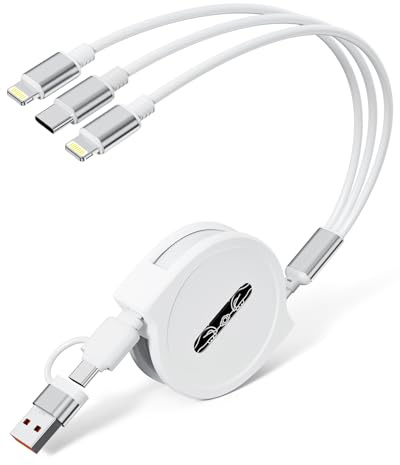 Multi Charging Cable, 4Ft Retractable USB C/A Cable, 4A Fast Charger Cord for Multiple Devices with Type C/Lightn-ing Ports for iPhone 16 15 14 Pro Max, iPads, Galaxy S24/S23, Tablets, and More