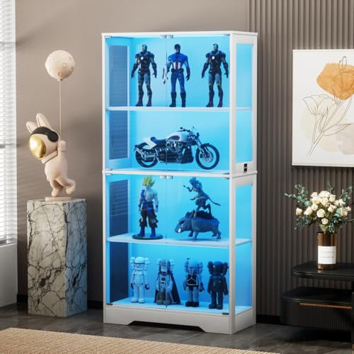 BPKADHY glasvitrinskåp med LED-belysning, vitrinskåp med mänsklig sensor, 165 x 80 x 35 cm, 4 nivåer och 4 glasdörrar dammtät glasvitrinskåp stående för samlarvitrin och vardagsrum, kontor, vit