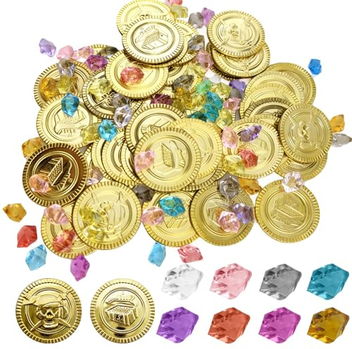 wutdgeg 160 pieces pirate treasure, gold coins, gems | coins，treasure hunt kit | For treasure hunts, festive party packs ，souvenirs, treasure chests,pirate toys and birthday celebrations
