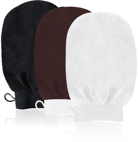 URAQT Exfolierande handske, kit med 3 exfolierande handskar, skrubbhandskar för män och kvinnor, naturlig och effektiv skrubb, för dusch, kropp (svart + mörkbrun + vit)