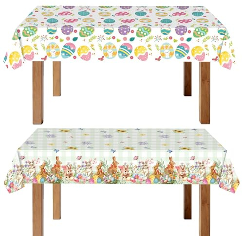 Esitrormi 2 Stück Oster Tischdecke Wasserabweisend, Frühling Hasen Ostereier Muster Abwischbare Plastik Ostertischdecken für Party Picknick Innenaußen 140 x 255cm