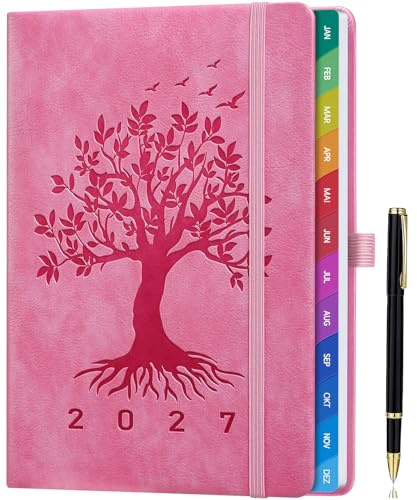 2027 Terminplaner A5 Wochenplaner – Kalenderbuch mit Deutschen Feiertagen, Woche auf 2 Seiten, Farbige Monatsregister, Hardcover & Dickes Papier - Rosa