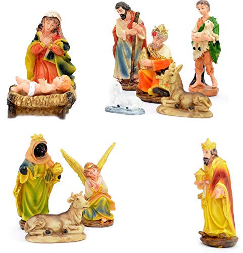 SHATCHI Small/Large Handmade Nativity Scene Birth Jesus Christ Wooden Stable and 10pcs/12pcs Figurine House Sculpture Christmas Decoration Xmas Décor, Multicolour, 12pcs Figures