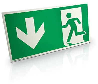 Notausgangsschild nachleuchtend Aluminium Fluchtwegschild links abwärts | Stabiles Rettungswegzeichen 30 x 15 aus Metall mit langanhaltender Leuchtwirkung, inkl. 5 Klebestreifen und Reinigungstuch