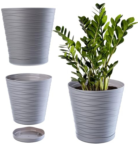 KADAX Blomkruka med underlägg, lätt, rund planteringslåda av plast för blommor och växter (25 cm, grå)