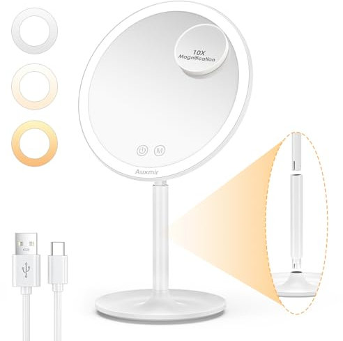 Auxmir Kosmetikspiegel mit Beleuchtung, Schminkspiegel mit Licht 10fach Vergrößerungspiegel, Wiederaufladbar 2000mAh, 3 Farben und Helligkeit Einstellbar, 8 Faltbarer Drehbar Tischspiegel für Reise