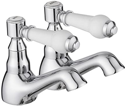 JASSFERRY Pair of Basin Taps Hot and Cold Water Bathroom Sink Tap White Ceramic Handle 1/4 Turn Lever 1/2 Faucet, Chrome Set of 2
