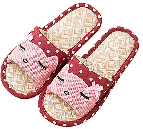 AioTio Couple de Lin Pantoufles Maison Enfant Le Style Japonais Amusant Pantoufles de Dessin animé Respirant antidérapant Fond lumière Cadeau avec Amour (40/41 EU,Vin Rouge)