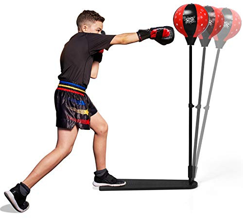 GOPLUS Juego de saco de boxeo con guantes de boxeo y bomba de mano, pelota de boxeo con soporte estable y pedal antideslizante, altura regulable de 85 a 130 cm, para niños y jóvenes a partir de 8 años