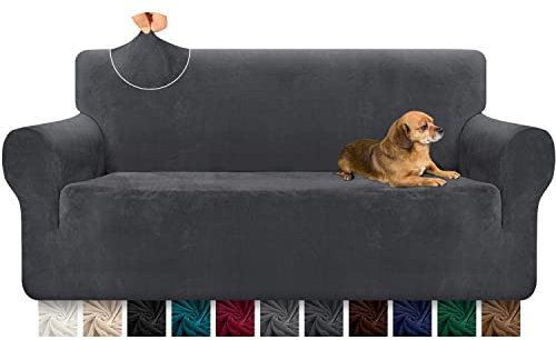 Granbest Super weiche Samt Sofabezug 3 Sitzer 1 Stück stilvolle Luxus Plüsch Sofabezug mit Schaumstoffstäben Spandex verdickt Möbelschutz Couchbezug (3 Sitzer,Grau)