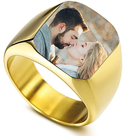 MunkiMix Anillo de Sello de Acero Inoxidable Personalizado con Foto en Color Personalizada para Hombres, Mujeres, Parejas con Ajustadores de Tamaño de Anillo (Oro, tamaño 65)