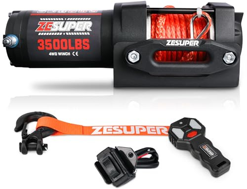 ZESUPER 3500 lb 12V DC Electric Winch 30 ft Synthetic Rope UTV ATV Boat Trailer Winches Off Road Waterproof Towing Winch Kits with Wireless Remote Mounting Plate