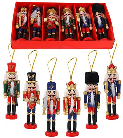 6 Pcs Christmas Wooden Nutcracker Ornaments,13cm Mini Figures Soldier Nutcracker Puppet,Wooden Nutcracker King Figurines Hanging Ornaments for Traditional Christmas Tree Decoration,Party Decor