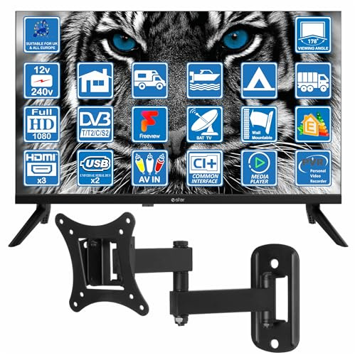 eStar 22 Inch 12 Volt LED Digital Full HD 1080p TV DVB-T2 /C/S2 Freeview, Freesat or Cable. 12V 240V 2 x USB PVR & Media Player, 3 x HDMI, 12V TV for Motorhome, Caravan, Boat, Kitchen