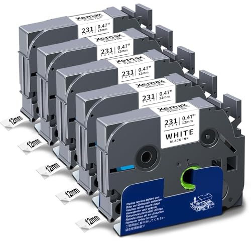5x XemaX Schriftband Kompatibel für Brother P-touch Bänder 12mm TZe-231 TZe 0,47'' Etikettenband für Brother Beschriftungsgerät PT-1010 H105 D600 H100R H110 H101C H100LB H200 D400, Schwarz auf Weiß