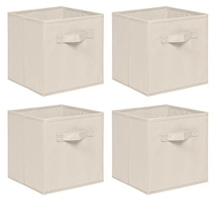 NICEME Foldable Cube Storage Unit Boxes, Non-Woven Fabric Storage Boxes Set, Clothes Drawers for Shelves, 26.5x26.5x28 cm (Beige/Cream, Set of 4)
