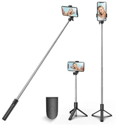 PINHEN Treppiede per selfie stick stabile con telecomando Bluetooth rimovibile, compatibile con iPhone 15 Pro Max/15 Plus/14/13, Samsung, LG, Google Smartphone (nero)