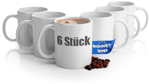 BigDean 6 Stück große Kaffeebecher weiß 300ml spülmaschinenfest aus hochwertigem Porzellan - Tassen zum Bemalen - Kaffeepott Glühweinbecher Kaffeetasse weiß - Kaffeetassen Set groß
