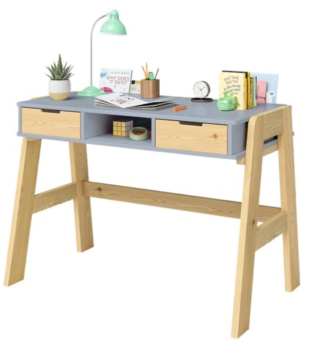 Bellabino Campo Kinderschreibtisch höhenverstellbar, Blau, 2 Schubladen | 56-75 cm, Schreibtisch Kinder ab 6 Jahren, viel Stauraum, Schülerschreibtisch, Kiefer Massivholz, Kinderzimmer, Lerntisch