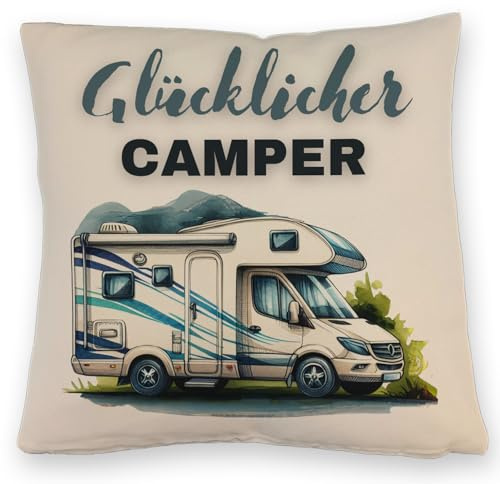 speecheese Wohnmobil Kissen mit Leinenoptik mit Spruch Glücklicher Camper Wohnwagen-Zubehör Anhänger-Deko Mobiles Heim-Komfort Camping-Unterkunft Essentials