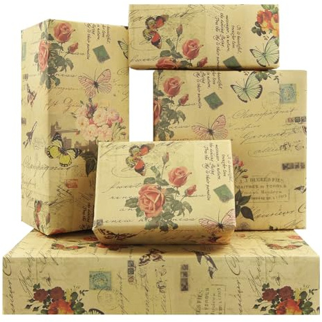 Carta da regalo vintage con rose, 6 fogli di carta da regalo con farfalle e fiori di rosa, piegati, per compleanno, festa della mamma, matrimonio, Natale, 50,8 x 73,7 cm