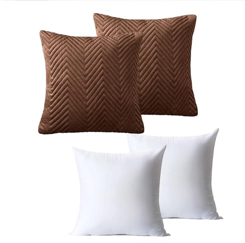 BedLooms Cushions with Covers Included 45 x 45 cm Set of 4 (2 Coffee Cushion Covers, 2 Cushion Inserts) Ultrasonic Square Throw Pillow Cases Decorative Sofa Cushion with Invisible Zipper