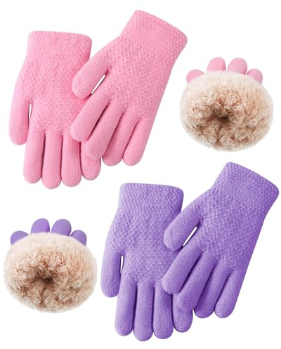 Chuarry 2 Pairs Kids Fleece Lined Gloves Winter Thick Warm Thermal Cable Knit Gloves for 6-10 Years Boys Girls(Pink, Purple)