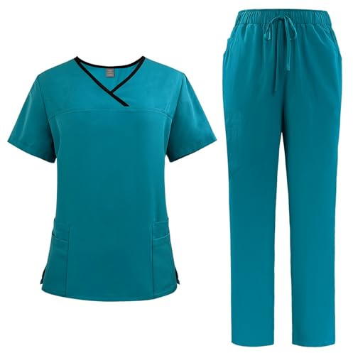 Meichoon Scrubs pour femmes - Combinaison manches courtes avec 4 poches - Pantalon de jogging extensible avec cordon de serrage - Couleur solide - Doux DK51Lake Blue XL