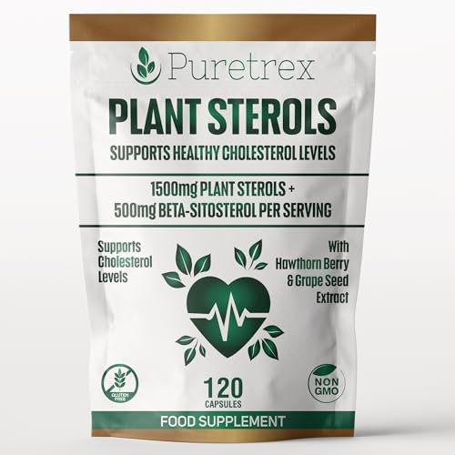 PURETREX Plant Sterols 2000MG Complex with Beta-Sitosterol - Supports Healthy Cholesterol Levels - with Hawthorn Berry & Grape Seed Extract - 120 Capsules - Gluten-Free & Non-GMO Food Supplement
