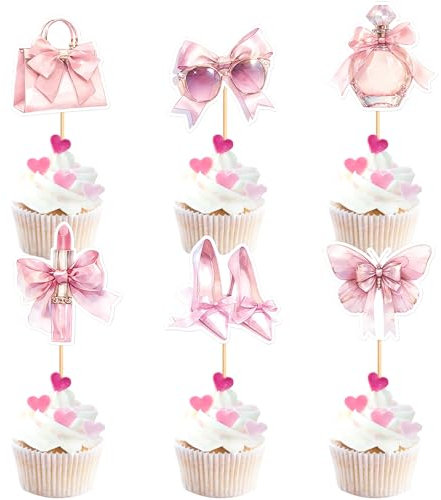 Blumomon 30 Stück Make-up Cupcake Topper Handtasche Lippenstift Duft Bogen Make-up zum Thema Mädchen Geburtstagsfeier Dekorationszubehör