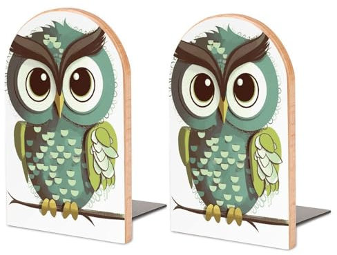Buchstützen aus Holz, Cartoon-Motiv, niedliche Eule, bedruckt, ein Paar Büro-Bücherregale, Schreibtisch-Bücherstützen, dekorative Bücherregale für schwere Bücher (17 x 11,9 x 9,9 cm)