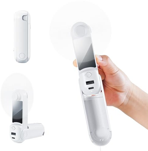COCOSY Mini Ventilatore Portatile 5-in-1 USB Ricaricabile 2200mAh, 3 Velocità Ventilatore Pieghevole da Scrivania con Torcia LED, Specchio Cosmetico, Power Bank - per Casa/Viaggi, Ufficio, Outdoor