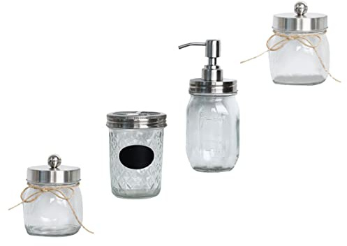 Gatuida Juego de Accesorios para Baño 4 Piezas Vaso para Cepillo de Dientes y Botella de Loción de Vidrio Tapa Plateada, Conjunto Práctico para Uso Doméstico y Personal