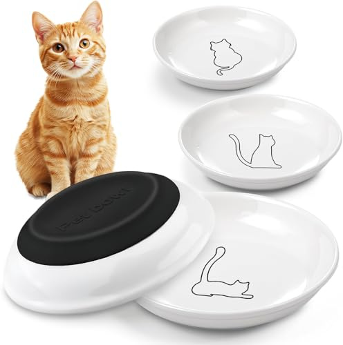 AMFUN 4 Pezzi Ciotole per Gatti in Ceramica, Ciotola Piatta Gatti per Alleviare l'affaticamento dei Baffi, Ciotola Gatto con Base in Gomma Antiscivolo per Gattis e Piccoli Animali