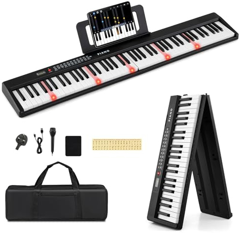 COSTWAY 88 Key Folding Piano Keyboard, Portable Full Size Semi-Weighted Electric Piano with Lighted Keys, Microphone, MIDI, Sustain Pedal, Carrying Bag, for Beginners Kids Adults