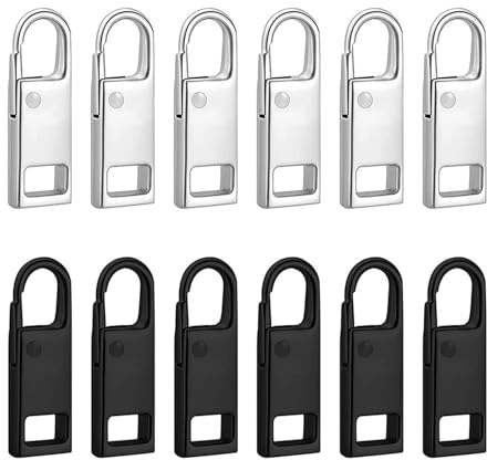 12 Pcs Zipper Pull Tab Replacement, Spare Zipper Pulls, Durable Removable Zipper Tabs for Clothes, Bags & Luggage (Black Silver)
