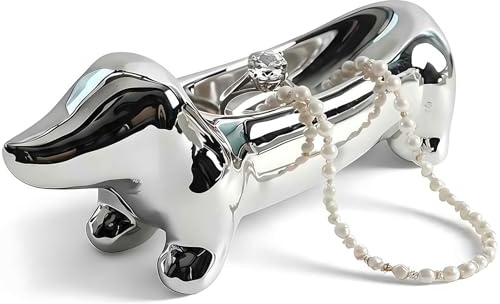 Zosutetoxo Porte-bague Teckel Argent Céramique - Porte-bijoux & Rangement Colliers - Figurine Déco Chien pour Dames - Petit Plateau à Bijoux