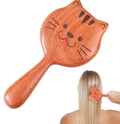 Peine de Masaje de Madera Herramienta de Cepillo para la Cabeza Portátil | Peine de Cuero Cabelludo de Madera con Diseño de Gato Para Mujeres, Niñas, Madres, Personas Mayores, de Estrés y