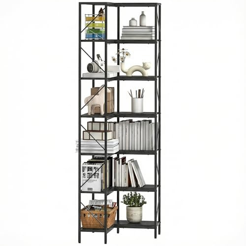 HOMCOM Libreria ad Angolo a 7 Ripiani, Libreria Scaffale Salvaspazio Slim, Scaffale Portaoggetti Industriale per Soggiorno, Camera da Letto Ufficio Angolo, 60x60x198 cm, Nero
