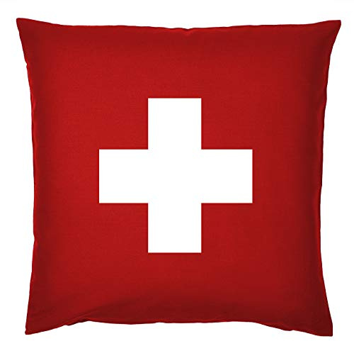 Tini - Shirts Bunter Kissenbezug Motto Schweiz: Weisses Kreuz -mit Füllung- Fb:rot
