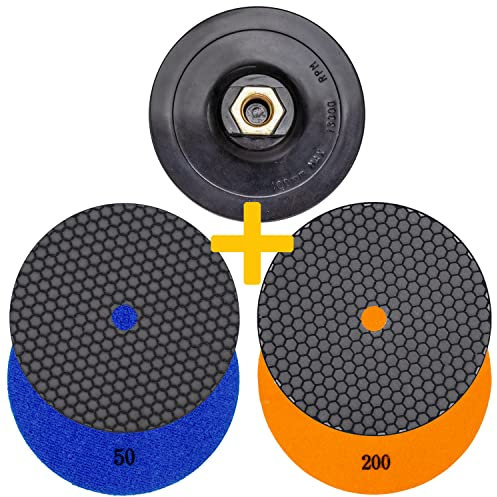 Diamant-Schleifpad Set Trockenschliff, D 100 mm, Körnung 50 und 200 Klett-Aufnahmeteller Fliesen Feinsteinzeug Naturstein Granit Marmor Glas Keramik