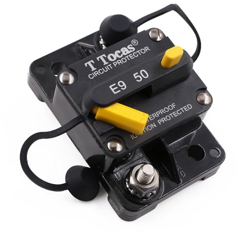 T Tocas 50A Sicherungsautomat Manuelles Reset 12V 24V Schutzschalter, wasserdichte IP67, Heavy Duty Sicherungshalter zurücksetzbarer Circuit Breaker max 48V DC 50Amp, Überlastungsschutz