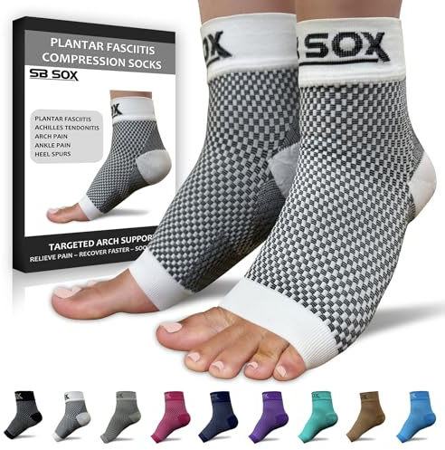 SB SOX Plantar Fasciitis Compression Socks – Arch Support Sleeve for Heel Pain Relief, Achilles Tendonitis & Foot Pain – Toeless Ankle Compression, All-Day Comfort (White, Medium)