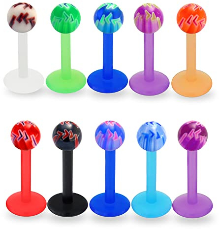 Monster Piercing 10 Stück Pack UV Baseball Bälle mit 16 Gauge (1,2 mm) - 10MM Länge Bioplast Flexible Lippe Labret Tragus Piercing