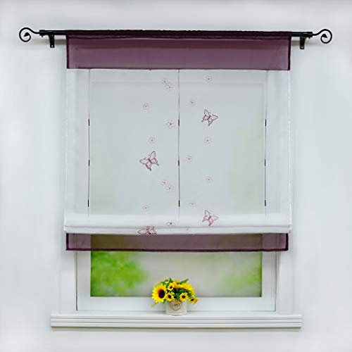 Joyswahl Voile Raffrollo mit Tunnelzug Transparente Bändchenrollo mit Schmetterling-Stickerei »Linde« Schals Fenster Gardine BxH 80x120cm Violett 1 Stück